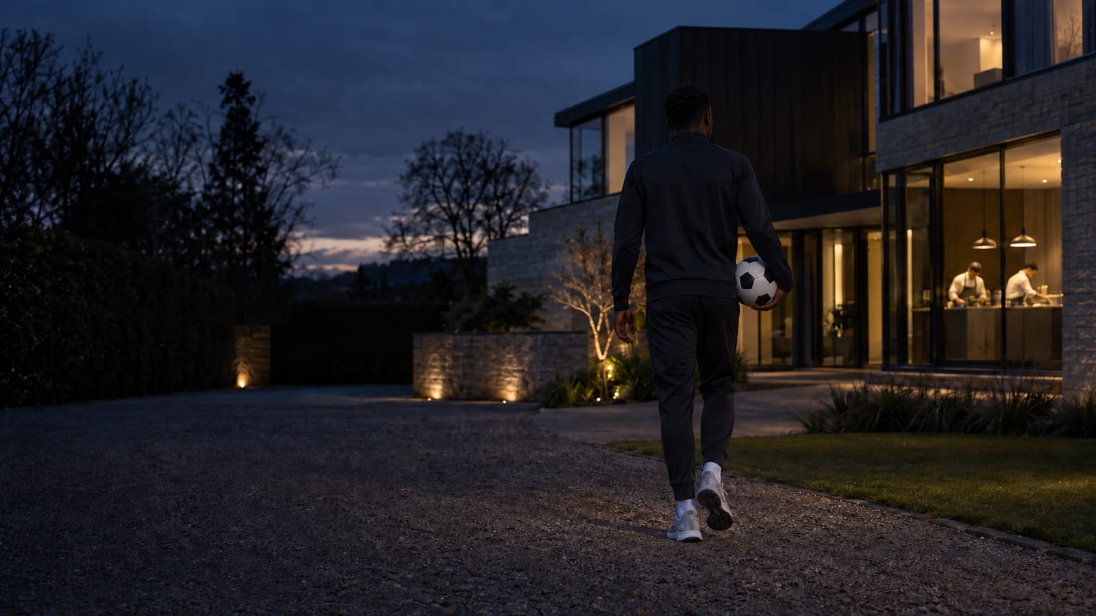 A footballer in plain dark training clothes walking up the drive of a contemporary private house at dusk, two chefs at work in the lit kitchen beyond.