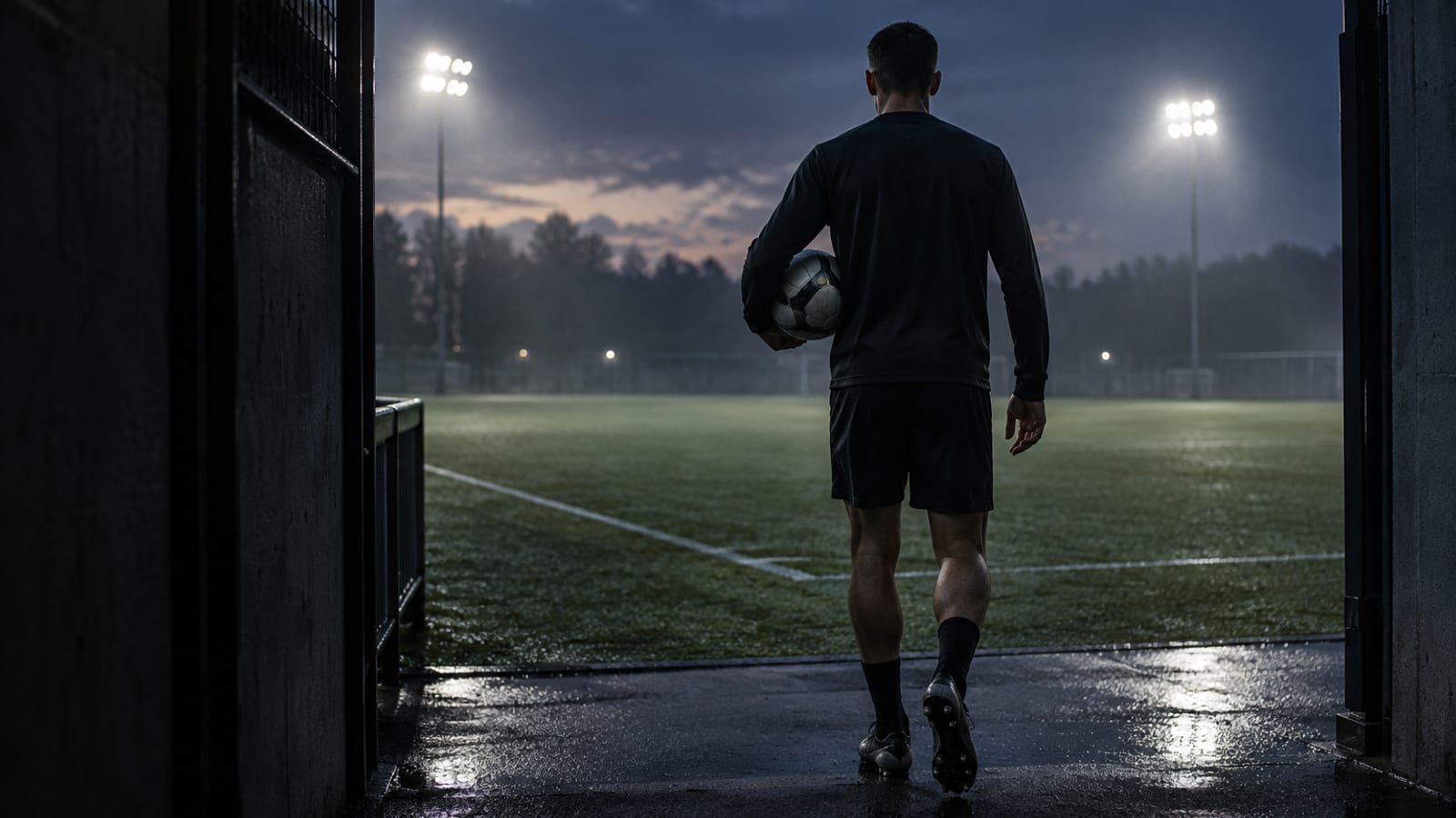 A footballer seen from behind, a ball under one arm, stepping from a shadowed tunnel onto a floodlit training pitch at dusk.